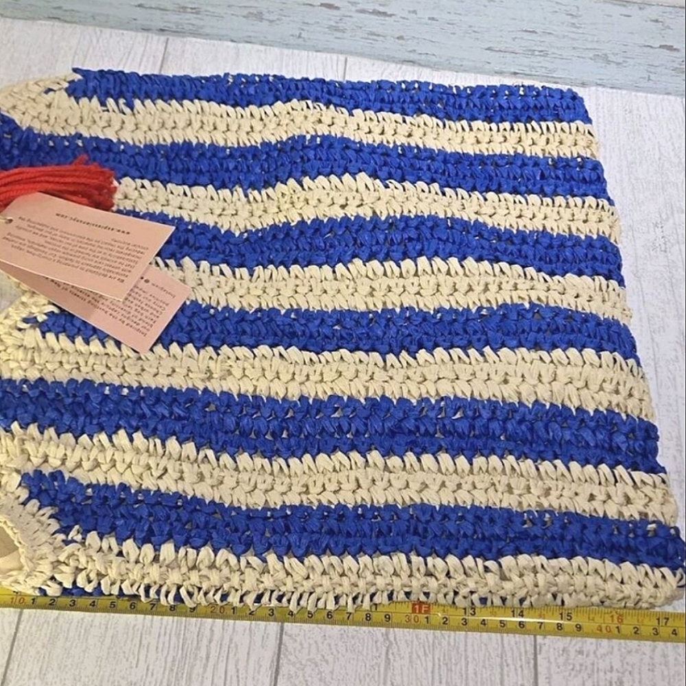 Expressions Royal Blue and Beige Striped Tote With Red Tassel NWT - Picture 13 of 13